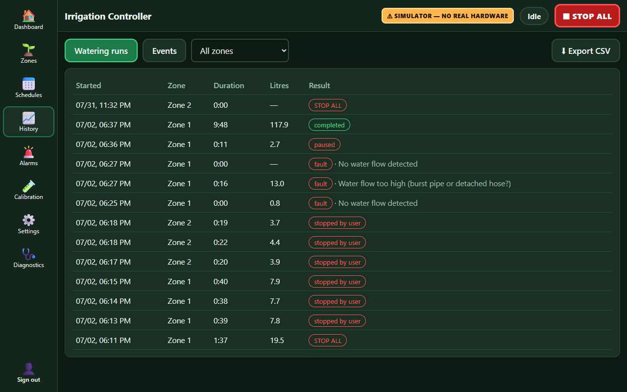 Watering history listing completed runs and detected faults such as no flow and flow too high